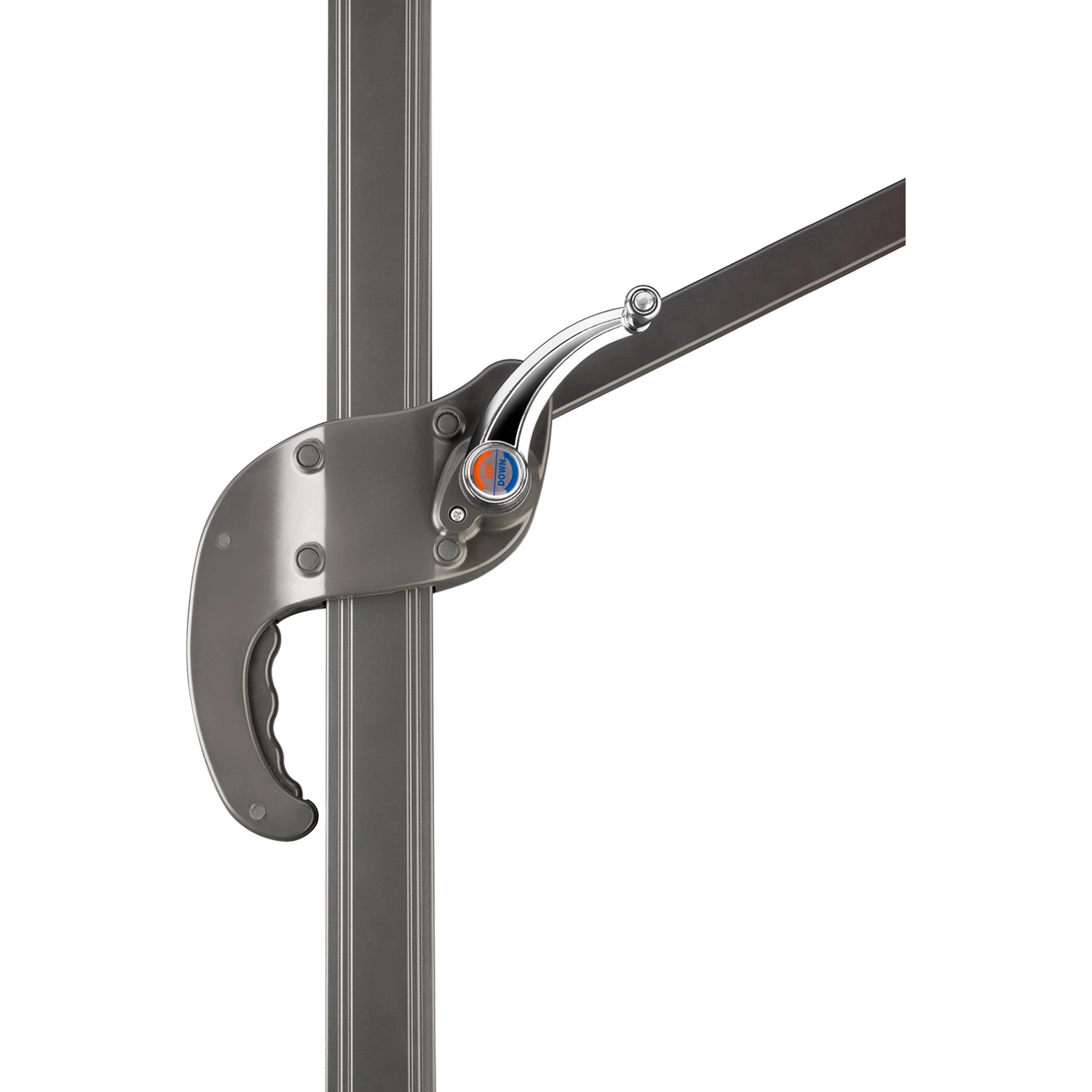 Detailaufnahme: Dreh- und Neigungsfunktion des Schneider Ampelschirm 340x270 cm.