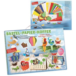 Bastelpapier-Koffer, 110-teilig, neutral. Kreativset mit Papier, Schere und Zubehör für Kinder.