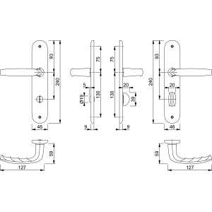 Technische Zeichnung: Hoppe Atlanta Langschild-Garnitur WC, Aluminium stahlfarben, Maße und Details.