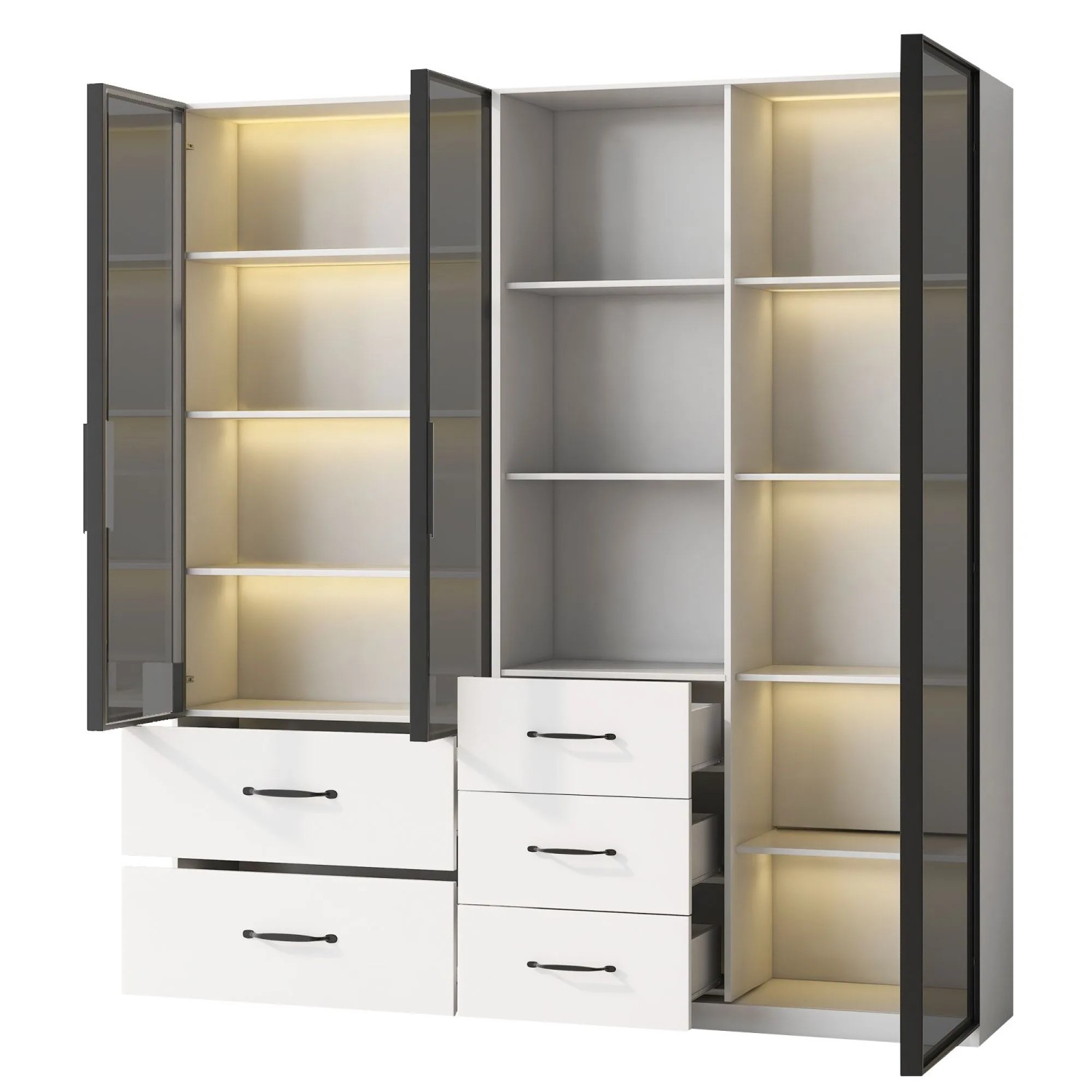 okwish Vitrine mit LED Glasfächern Bücherregal Wohnzimmer 140x40x160cm Weiß_10