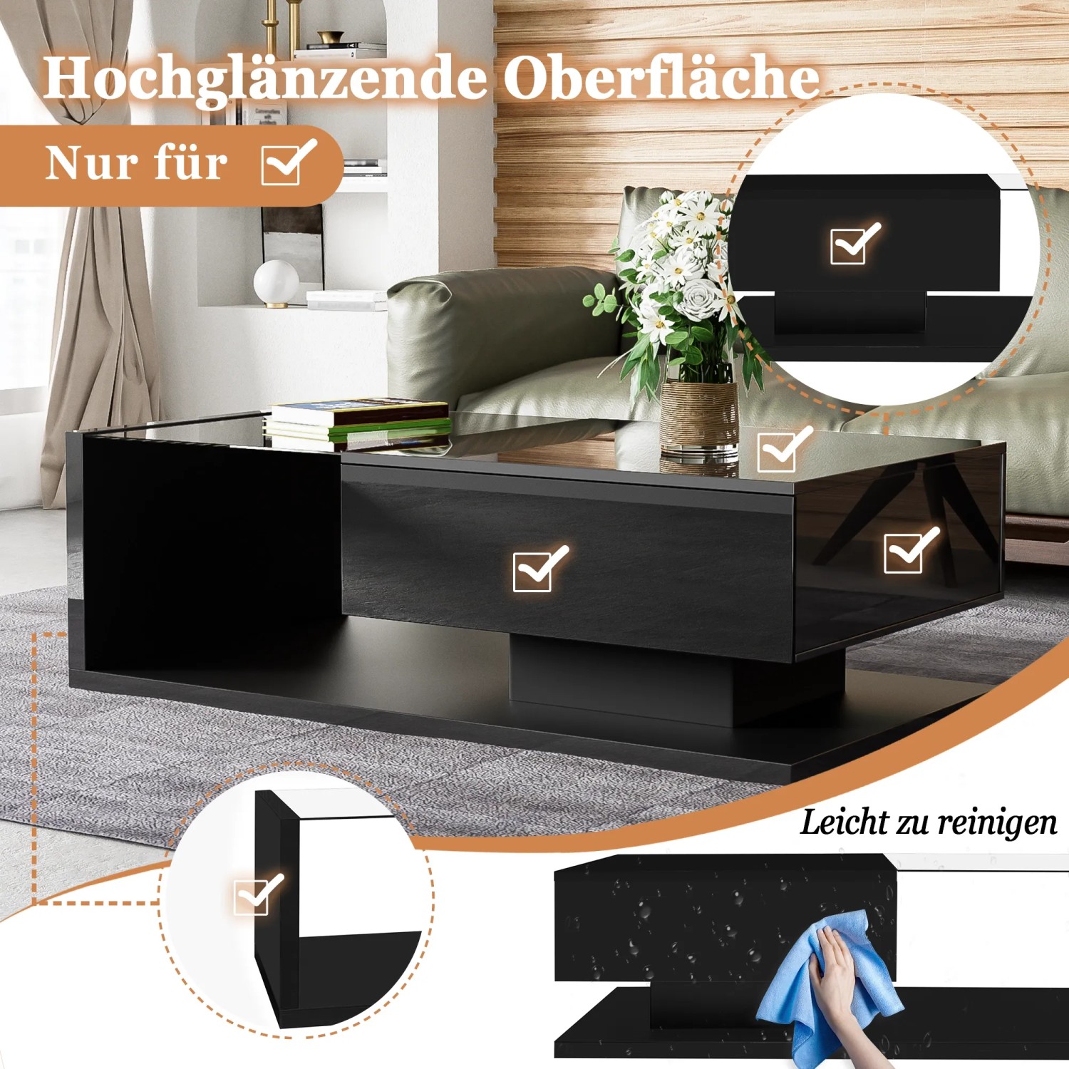 Moderner schwarzer Hochglanz Couchtisch mit Glasplatte und LED-Effekt. Stilvolles Design für Wohnzimmer mit Ablage.