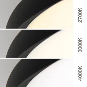 Schwarze LED Deckenleuchte demonstriert einstellbare Lichtfarben: 2700K, 3000K, 4000K.