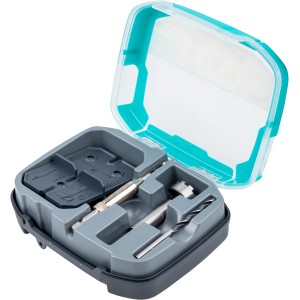 wolfcraft Scharnierloch-Set, 5-teilig, mit Bohrschablonen, Forstner-, Zentrier- und Holzspiralbohrer in Aufbewahrungsbox.