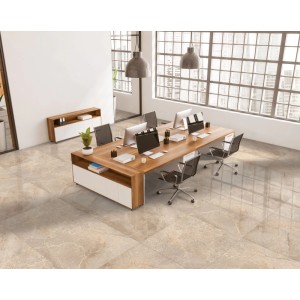 Verlegtes Feinsteinzeug EcoCerram Alpen Brown, 60x60 cm, in Büroumgebung.