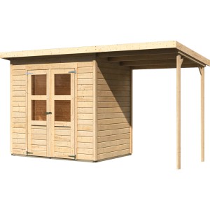 Karibu Holz-Gartenhaus Neuenburg Natur 370 cm x 150 cm davon 162 cm Anbaubach