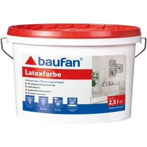 Weißer Eimer Baufan Latexfarbe 2,5 l mit rotem Deckel. Matte Dispersionsfarbe für strapazierfähige Innen- & Außenwände.