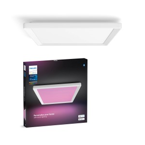 Philips Hue Tento LED-Panel, weiße Deckenleuchte mit Farbwechsel und Verpackung.