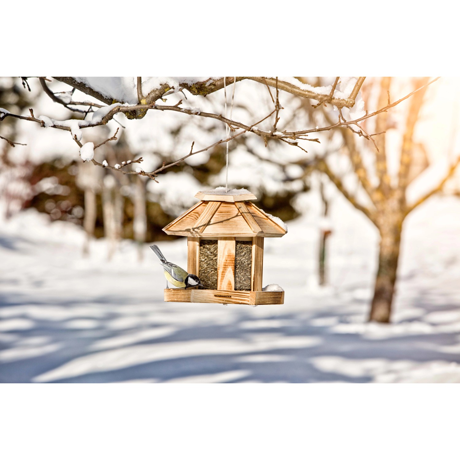 Holz Vogelfuttersilo Wilder Kaiser mit Futter und Meise im Wintergarten.