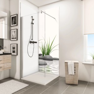 Schulte Duschrückwand mit Zen Steine & Gras Motiv, 210x90 cm, für eine moderne Badgestaltung.