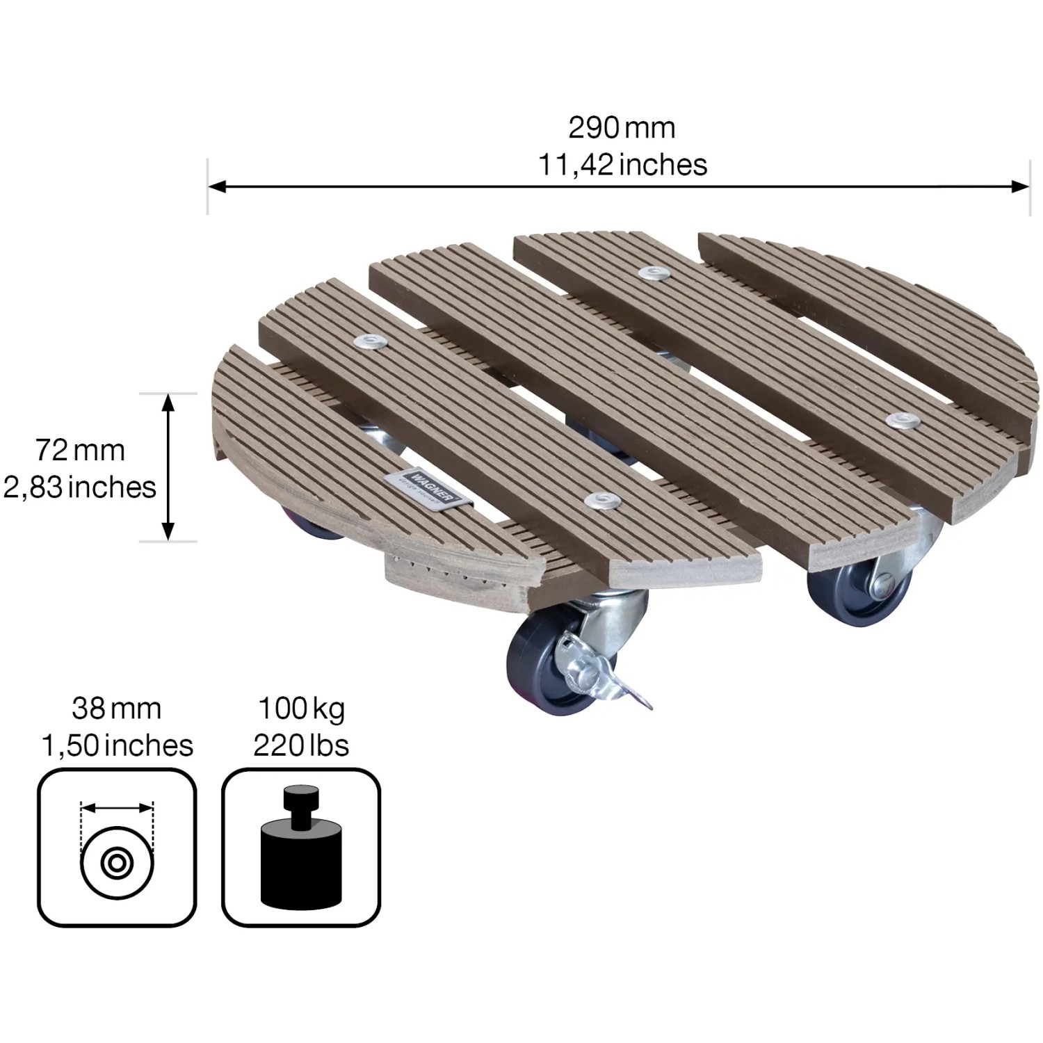 Wagner WPC Pflanzenroller, Ø 29 cm, Taupe, mit Rollen und Feststellbremse, ideal für den Außenbereich.