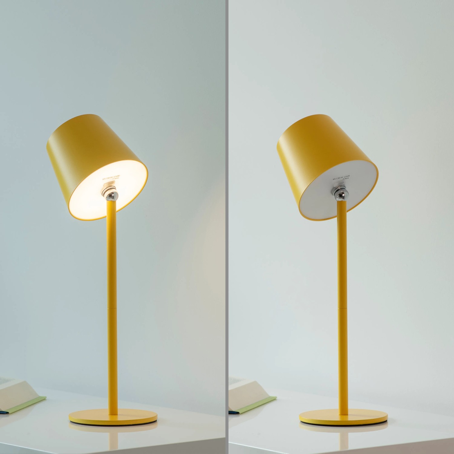 Gelbe Akku-LED-Tischleuchte Boteria, schwenkbar, für Innen & Außen. Dekoleuchte mit warmweißem Licht.