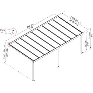 Technische Zeichnung: Palram Canopia Terrassenüberdachung Stockholm 3,4 x 6,6 m mit Maßangaben.