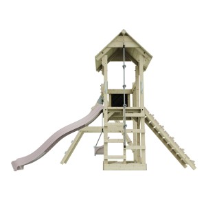 PolarPlay Babyschaukel Farö Altrosa: Spielturm mit Rutsche, Schaukel und Kletterwand aus Holz.