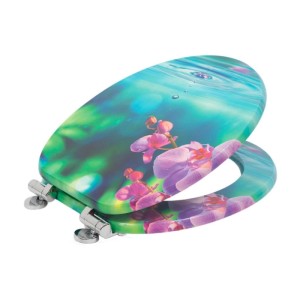 Sinobath WC-Sitz Oval mit Absenkautomatik. Motiv: pinke Orchideen auf blau-grünem Wasser mit Wellen.