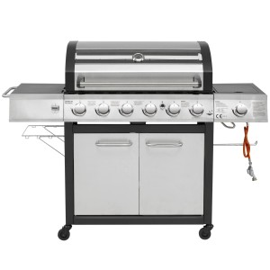 El Fuego Long Beach Edelstahl-Gasgrill mit 6 Brennern, Seitenbrenner, Unterschrank und Ablagen.