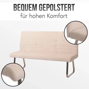 Cremefarbene Sitzbank aus Chenille-Stoff mit Edelstahlfüßen, Teil eines Esszimmer-Sets.