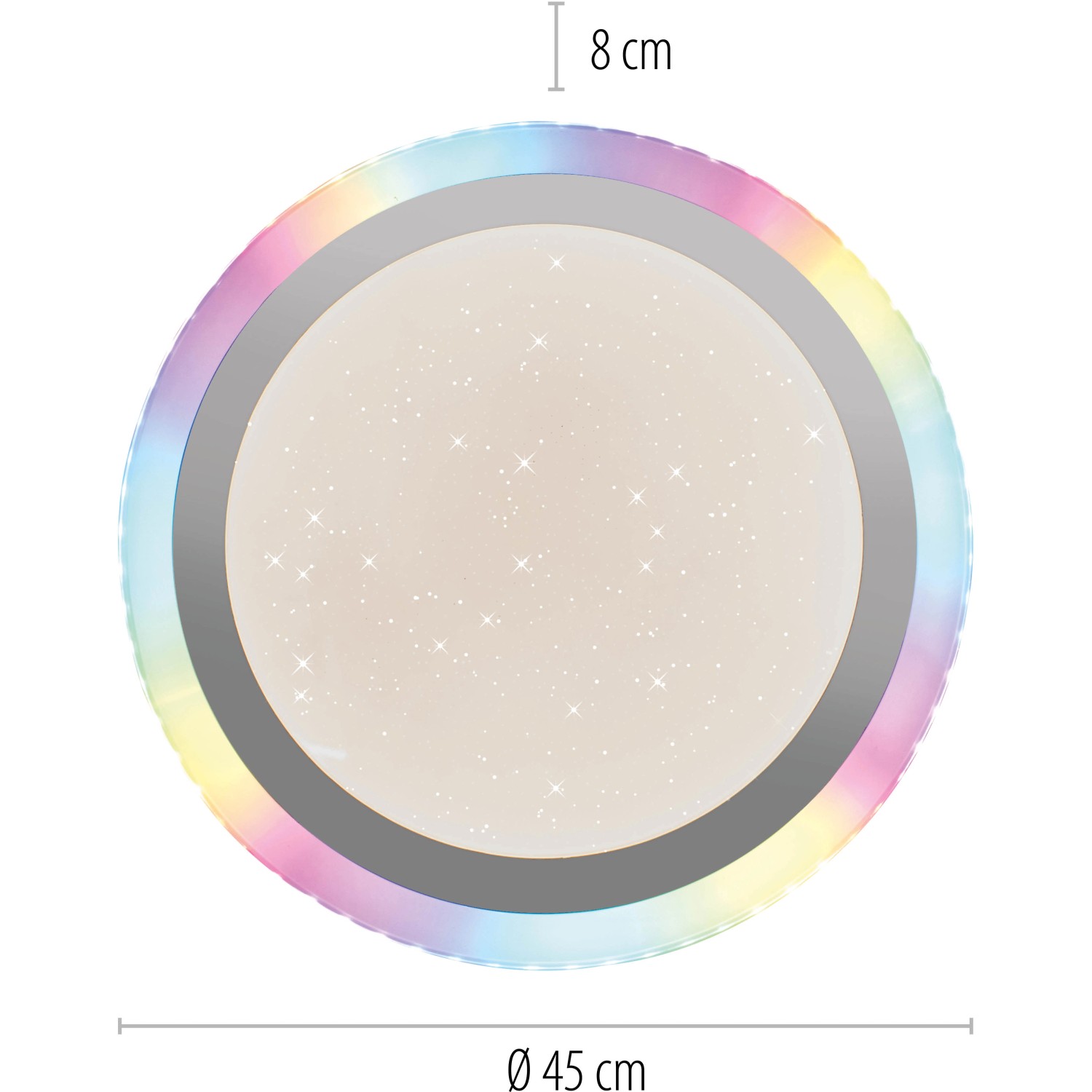 Runde LED-Deckenleuchte Cyba, silberfarben, mit RGB-Rainbow-Effekt und Sternenhimmel-Optik, Ø 45 cm.