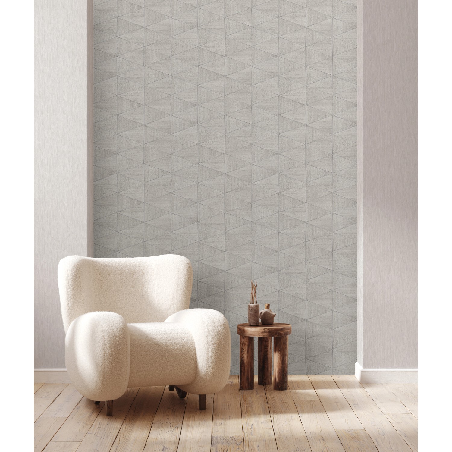 Moderne Vliestapete in Creme mit grafischem Dreiecksmuster von Marburg (10,05 m x 0,53 m).