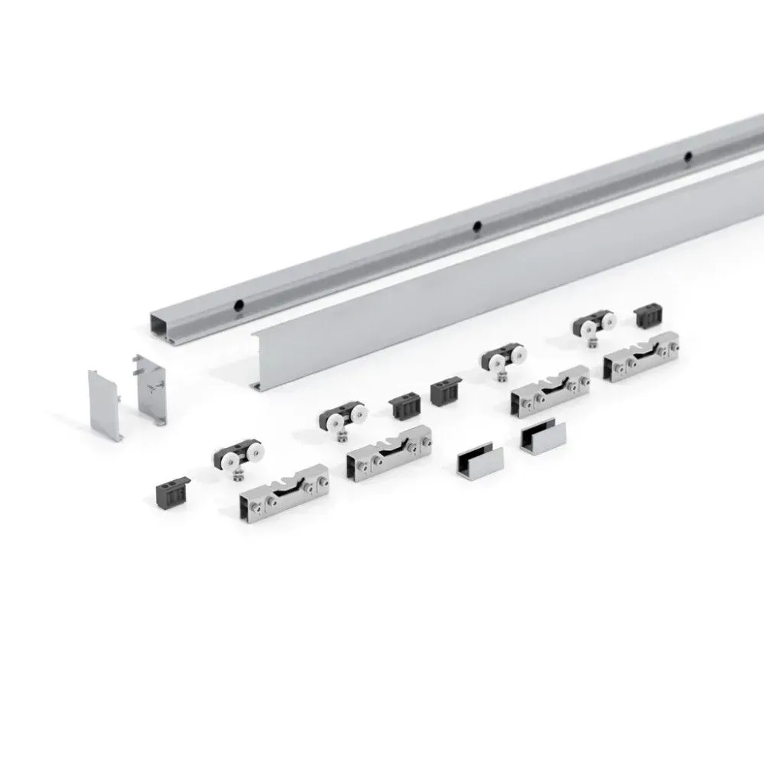 Aluminium Schiebetürsystem mit Laufschiene, Laufwagen, Klemmbacken und SoftClose-Dämpfern für Doppelglasschiebetür.