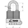 Technisches Diagramm Basi Vorhangschloss VHS 615W, 47mm breit. Maße für Bügelhöhe 28mm, Bügelstärke 7,5mm. Wettergeschütztes Outdoor-Schloss.