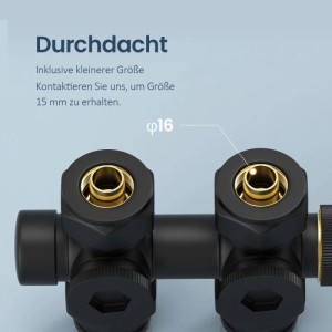 Schwarze Emke Heizkörper Multiblock Anschlussgarnitur, Ventil Hahnblock, goldene φ16 Anschlüsse.