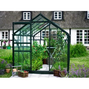 Grünes Halls Gewächshaus Popular 106 mit Pflanzen und geöffneter Tür vor einem Haus.