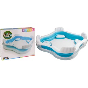 Viereckiges, aufblasbares Family Pool Schwimmbecken mit Sitzecken und Getränkehaltern.