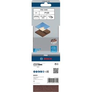 Bosch Schleifband Pro, 75x533 mm, Korn 120, 3er-Pack. Zubehör für Bandschleifer.