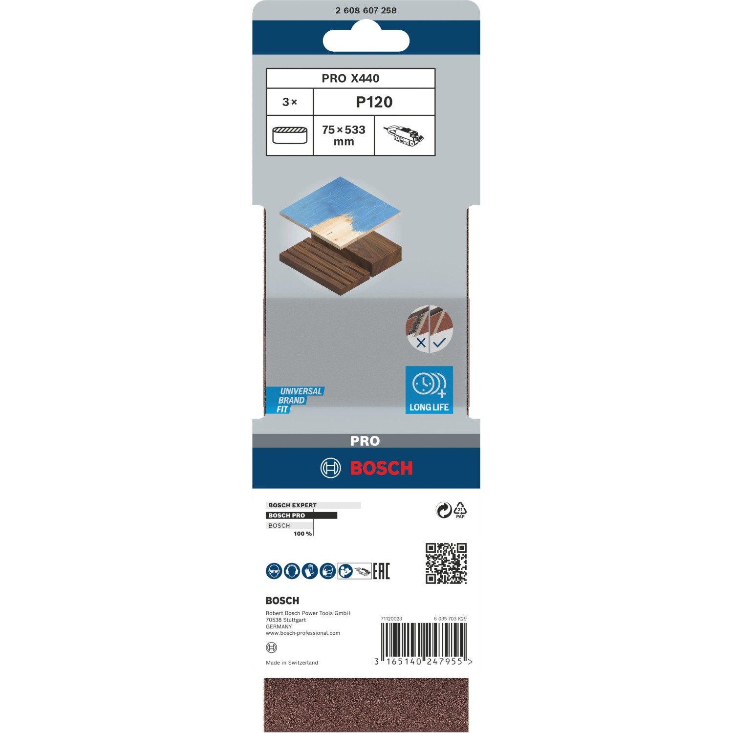 Bosch Schleifband Pro, 75x533 mm, Korn 120, 3er-Pack. Zubehör für Bandschleifer.
