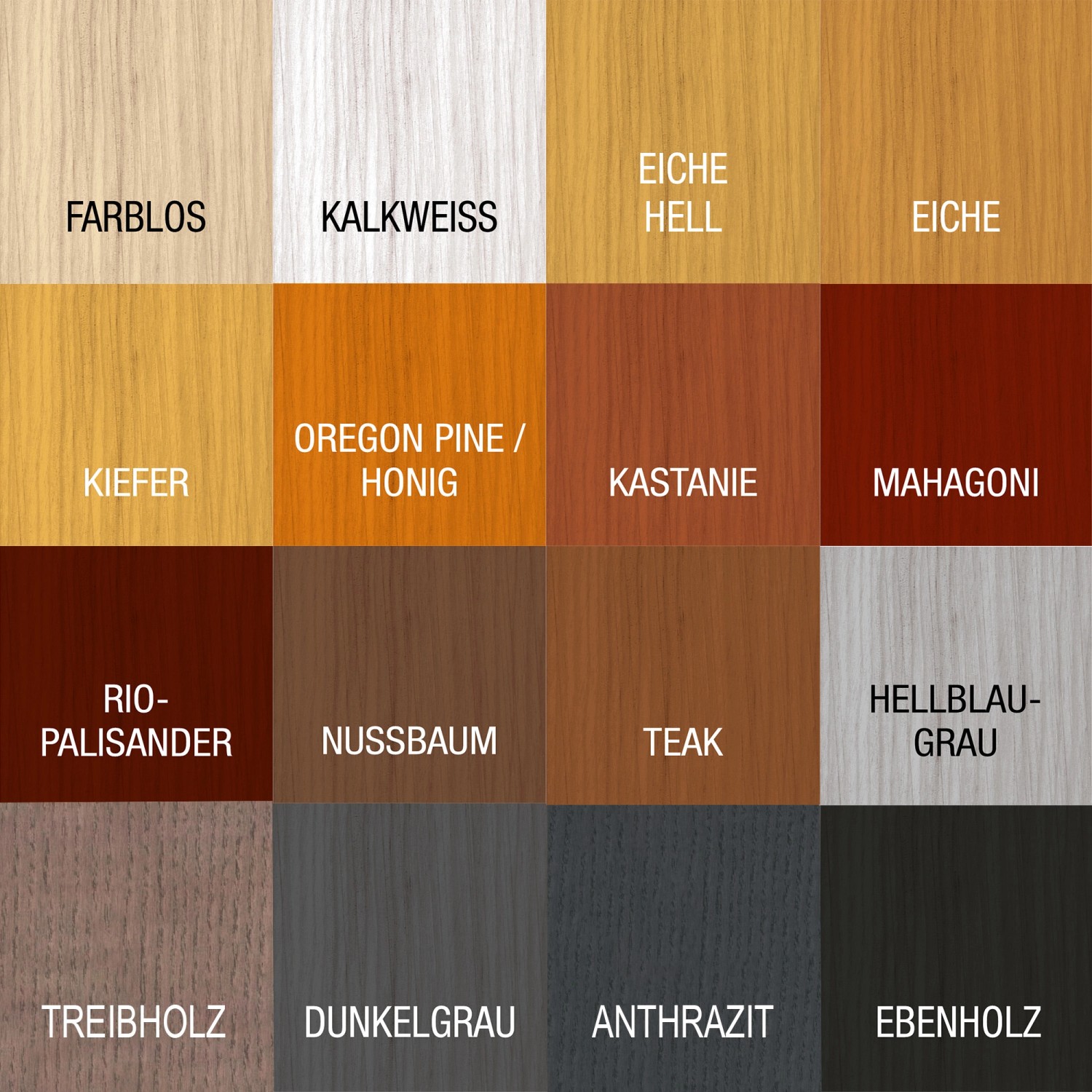 Farbmuster der Bondex Holzlasur für Außen, verschiedene Holzfarbtöne von Farblos bis Ebenholz.