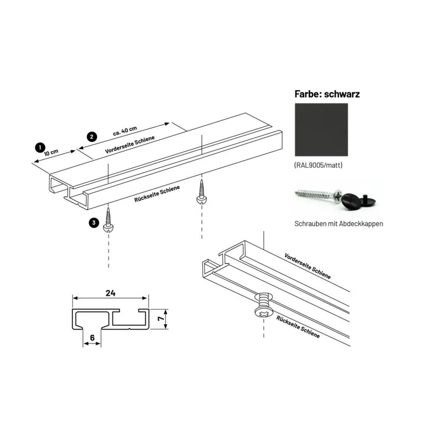 Deco-Raum 1-Lauf Gardinenschiene Minimal Schwarz: technische Zeichnung mit Maßen, Profil und Befestigungsmaterial für Deckenmontage.