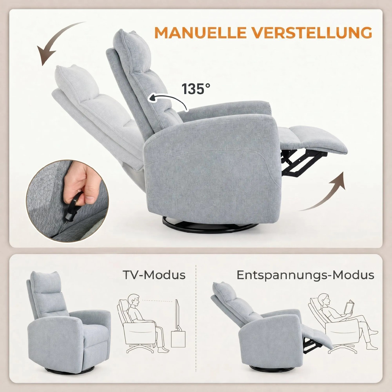 Hellgrauer HOMCOM Relaxsessel mit manueller Verstellung, 135° Neigung, Dreh- und Schaukelfunktion. Ideal für TV & Entspannung.