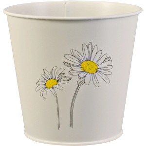 Lackierter Zink Eimer Kräutertopf in Creme mit Blumenprint, ideal für Kräuter und Blumen.