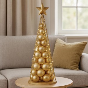 Goldfarbener Deko-Baum aus Metall, 90 cm hoch, mit Stern und Kugeln für die Weihnachtsdekoration.