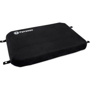 Schwarzes Petromax Sitzkissen für Kühlbox kx50 mit Logo und Befestigungslaschen.