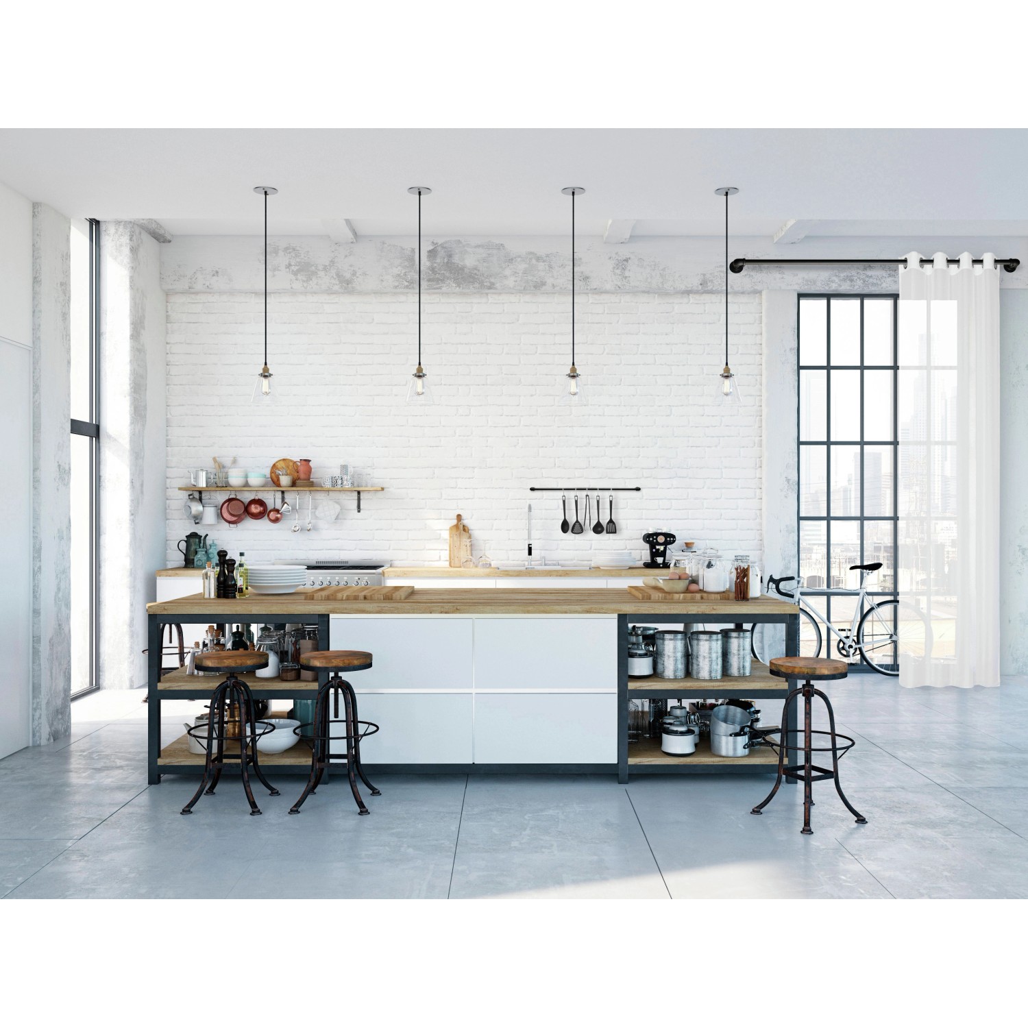 Gardinia Gardinenstange Industrial Home, Ø 25 mm, schwarz, 240 cm, im modernen Küchenambiente.