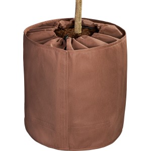 Brauner Thermo-Topfschutz (70x50 cm) für Pflanzen im Garten, mit Klett und Zugband.