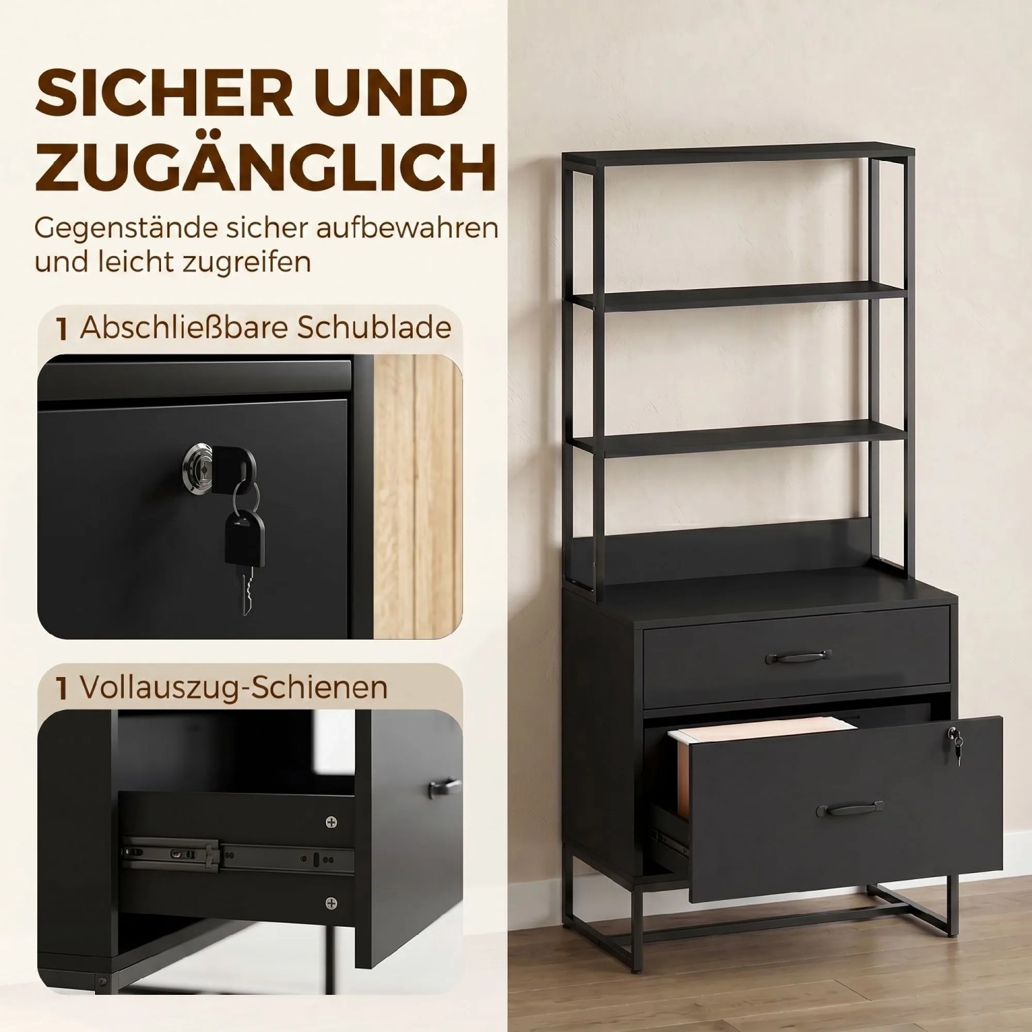 Schwarzer HOMCOM Büroschrank mit abschließbarer Schublade, Vollauszug und offenen Regalen. Aus Spanplatte und Metall.