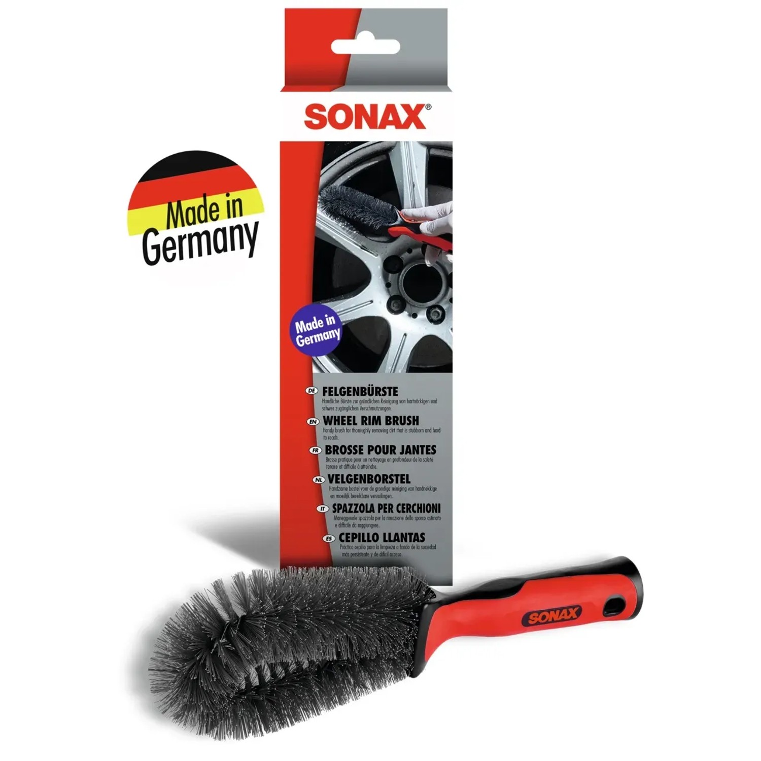 Sonax Felgenbürste für die Autopflege: Bürste mit rotem Griff zur Reinigung von Stahl- und Alufelgen.