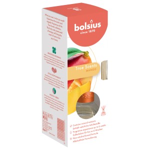 Bolsius Raumduft True Scents Mango, 45ml, mit Duftstäbchen und Mango-Motiv auf der Verpackung.