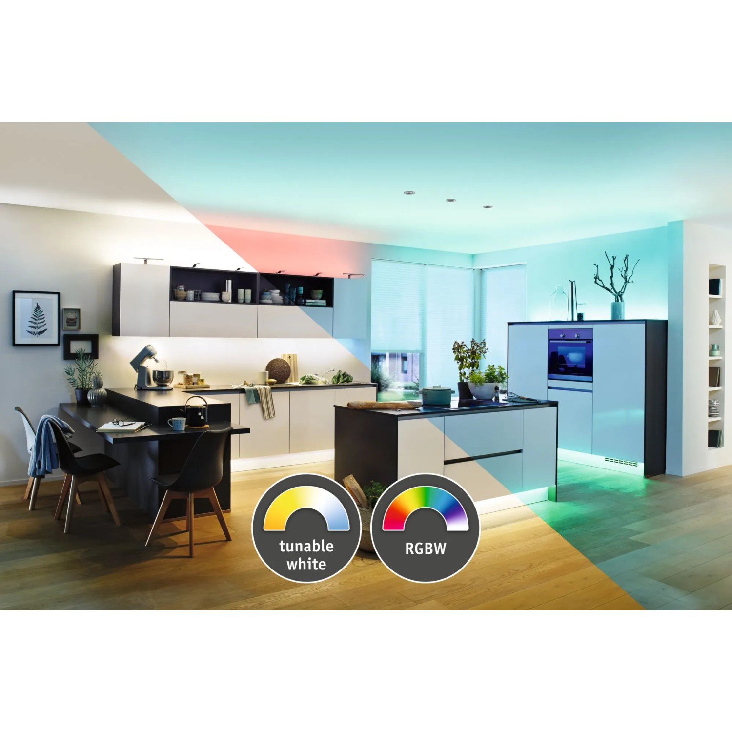 Paulmann MaxLED RGBW Controller in Küche mit farbigen LED-Streifen.