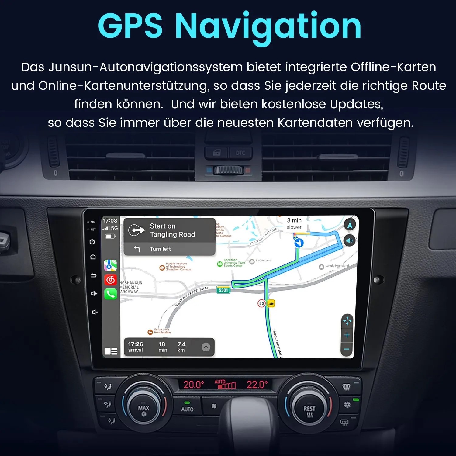 Junsun 9 Zoll Autoradio mit GPS Navigation im BMW E90 Armaturenbrett. Zeigt Routenführung auf dem Touchscreen.