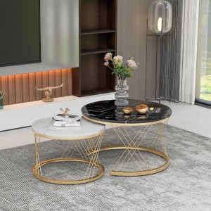 okwish Couchtisch Set mit Marmoroptik und Goldenem Gestell 70 x 70 x 45 cm Schwarz