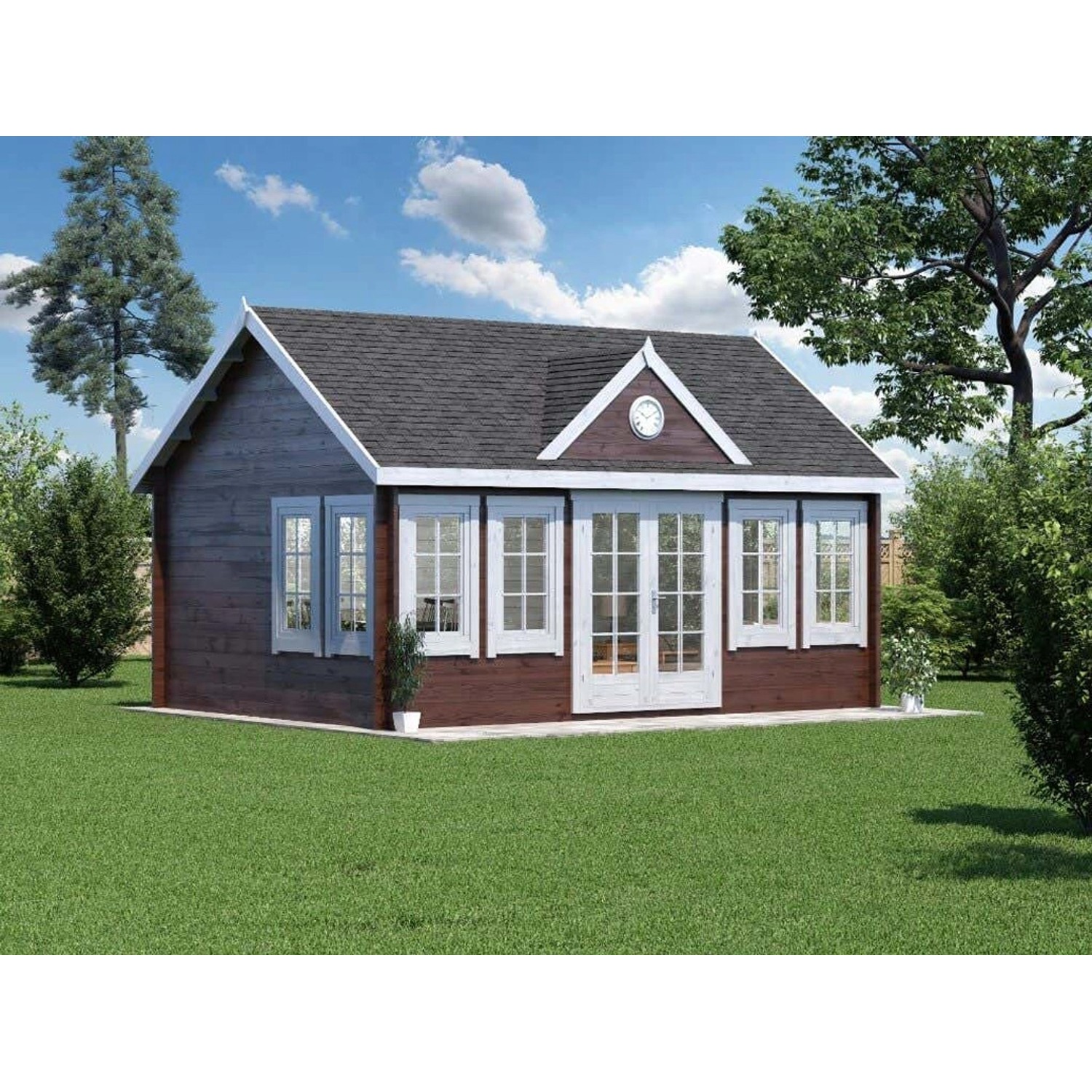 Braunes Alpholz Gartenhaus Clockhouse-XL mit Satteldach und weißen Fensterrahmen im Garten.