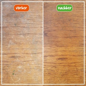 Vorher-Nachher-Vergleich: Helle Holzoberfläche gereinigt mit Poliboy fixneu Politur hell.