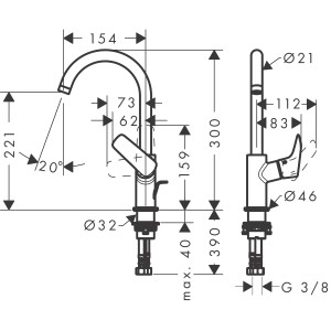 Technische Zeichnung: Hansgrohe Logis Waschtischarmatur 210mm mit Schwenkauslauf, Maße und Details.