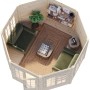 Innenansicht Palmako Holz-Pavillon Veronica 4: Unbehandelter Gartenpavillon mit Möbeln und Schachbrett.