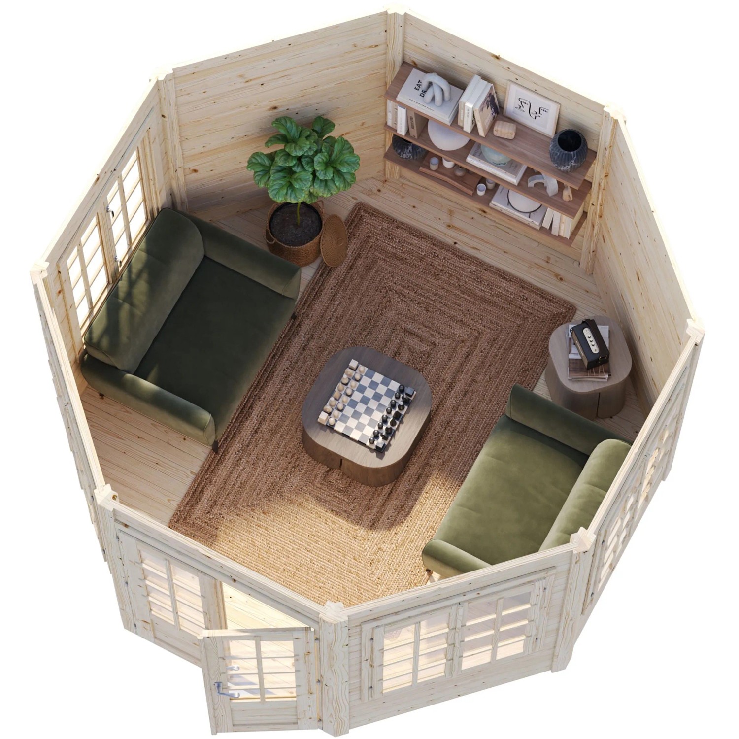 Innenansicht Palmako Holz-Pavillon Veronica 4: Unbehandelter Gartenpavillon mit Möbeln und Schachbrett.