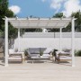 Weißer Pavillon Pergola Gazebo Florida mit Sonnensegel und Gartenmöbeln.