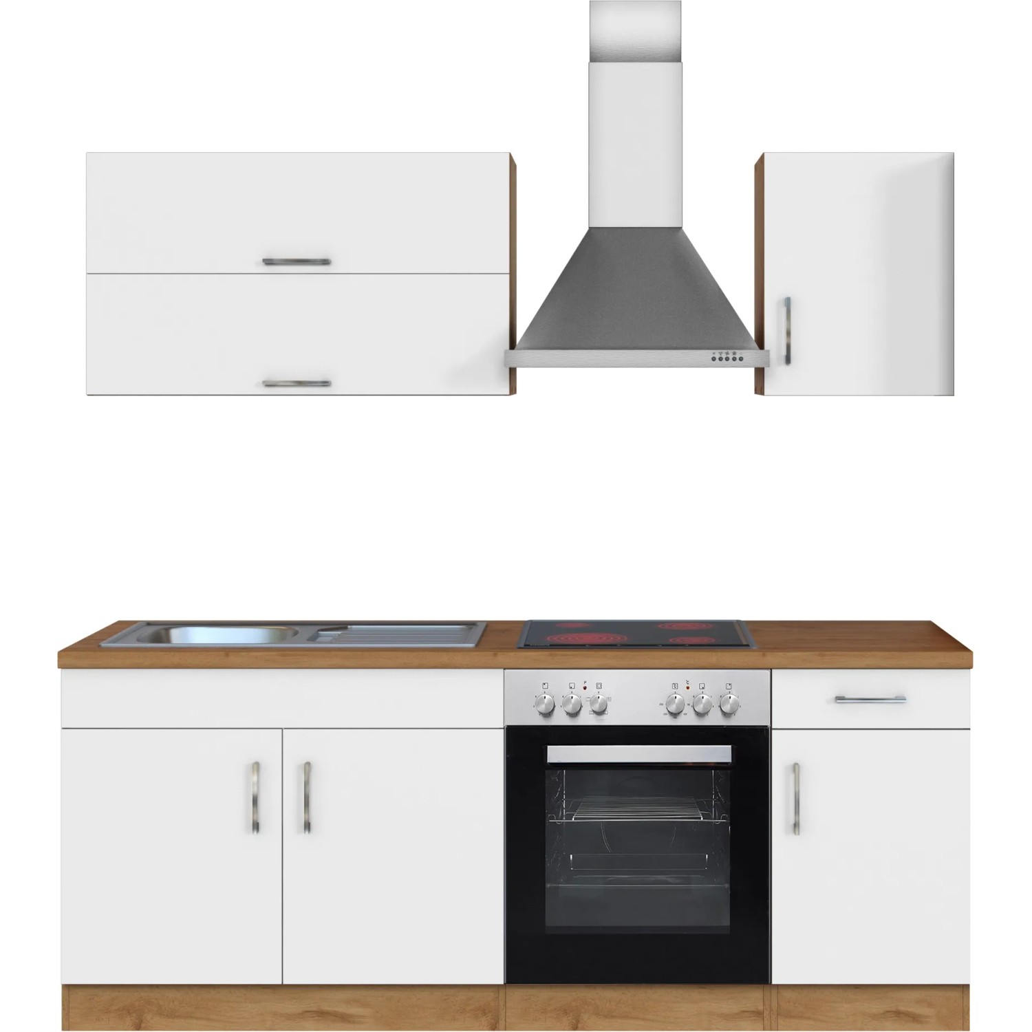 Held Möbel Küchenzeile Sorrento, 210 cm, Weiß und Wotaneiche mit Spüle, Herd und Dunstabzugshaube.